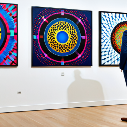 **

"A professional art collector in a modern art gallery, admiring a unique digital artwork displayed on a large screen, fully clothed in a stylish blazer and dress pants, appropriate attire, safe for work, perfect anatomy, correct proportions, well-formed hands, natural pose, professional photography, high quality, family-friendly. The artwork is a vibrant abstract composition with blockchain-inspired elements."

**